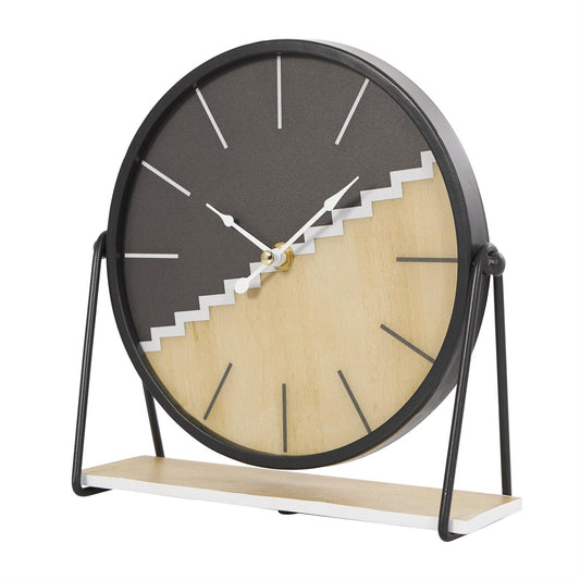 Black Wooden Geometric Clock with Brown Wood Accents, 9" x 3" x 9"