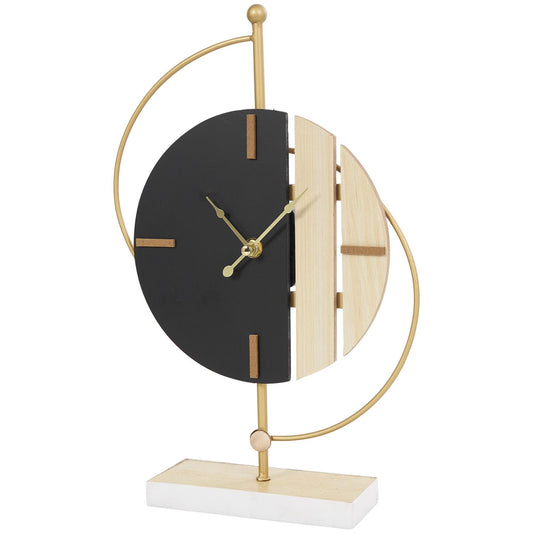 CosmoLiving by Cosmopolitan Black Wooden Geometric Two-Toned Clock with Wood Accents and Gold Semicircle Frame, 9" x 3" x 14"