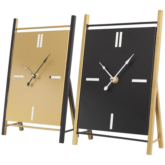 CosmoLiving by Cosmopolitan Black Metal Rectangular Angled Clock with Gold Accents and Cutout Tick Hour Markers, Set of 2 7"W, 10"H