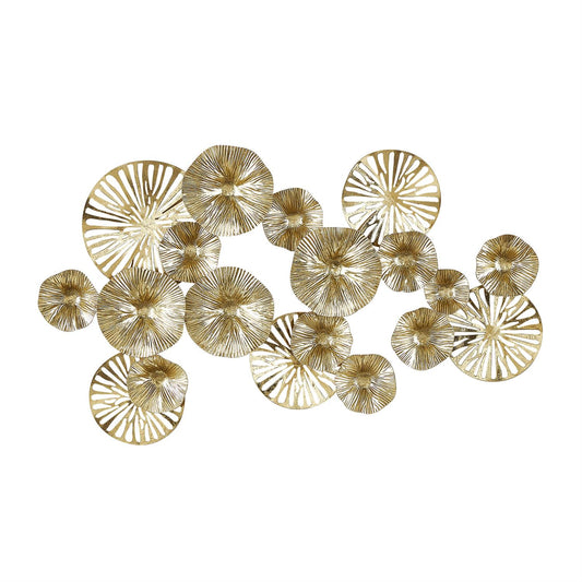 GOLD METAL FLORAL TEXTURED OVERLAPPING DISK WALL DECOR WITH CUTOUTS, 30" X 2" X 17"