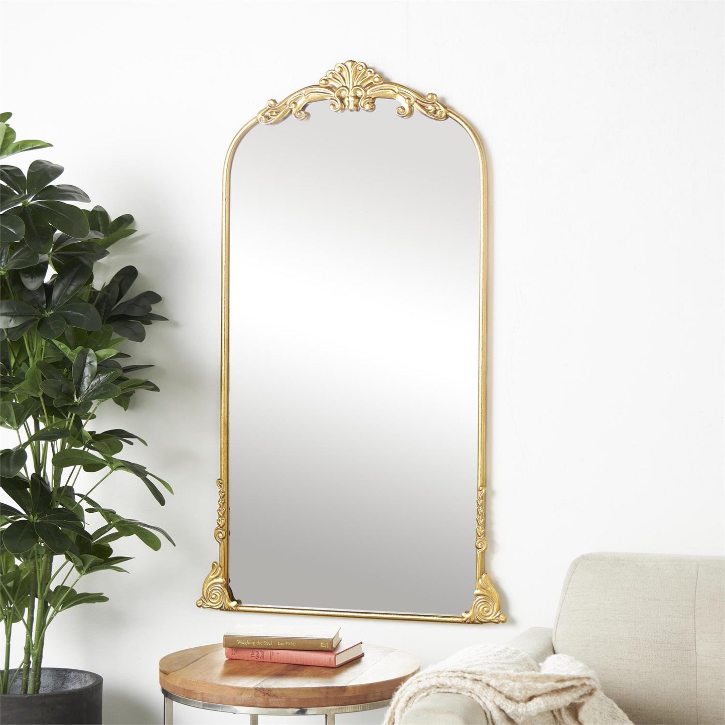 Gold Metal Tall Ornate Arched Baroque Floor Mirror, 28" x 1" x 48"