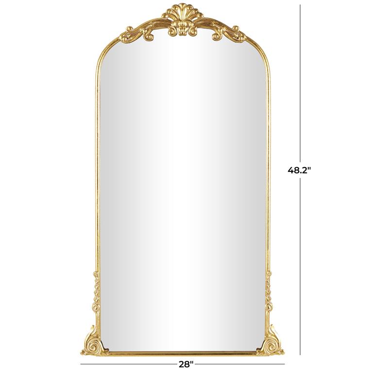 Gold Metal Tall Ornate Arched Baroque Floor Mirror, 28" x 1" x 48"