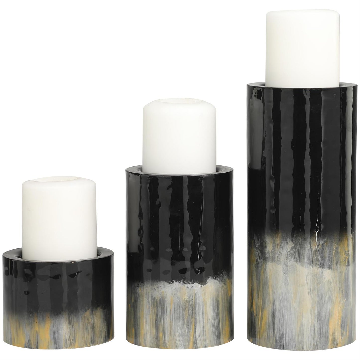 58711 Black Metal Colorblock Candle Holder with Gold and Silver Streaks, Set of 3 11", 7", 4"H