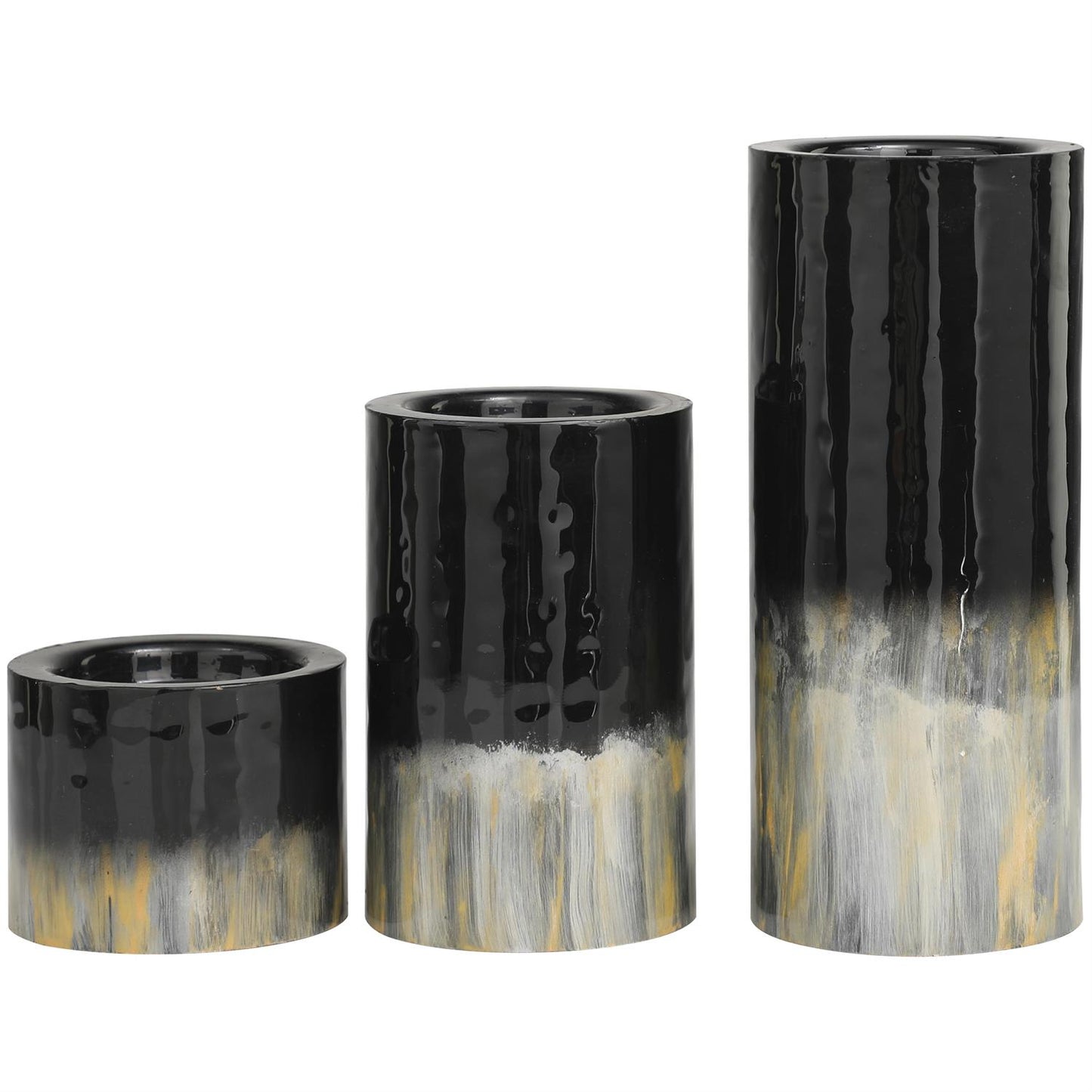 58711 Black Metal Colorblock Candle Holder with Gold and Silver Streaks, Set of 3 11", 7", 4"H