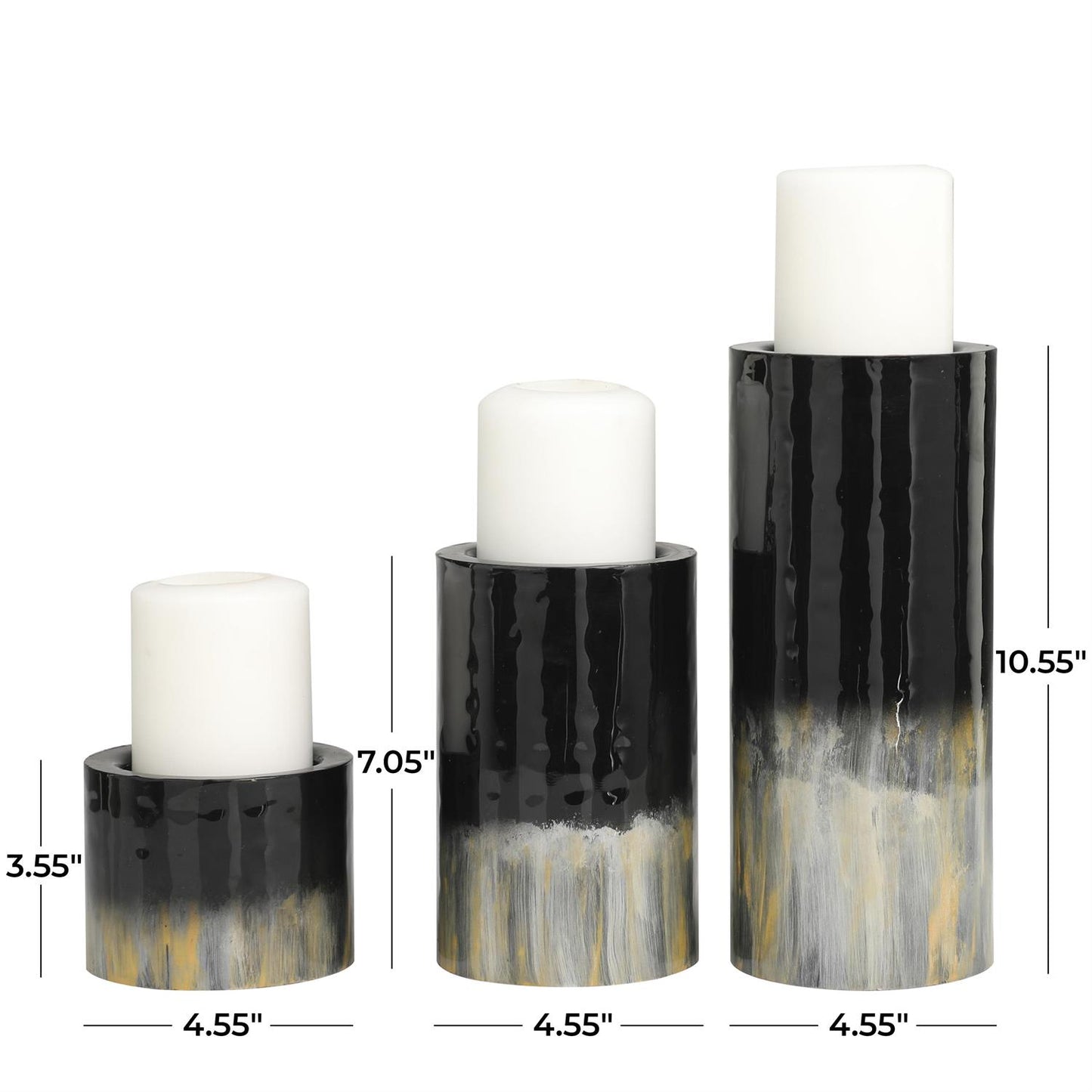 58711 Black Metal Colorblock Candle Holder with Gold and Silver Streaks, Set of 3 11", 7", 4"H