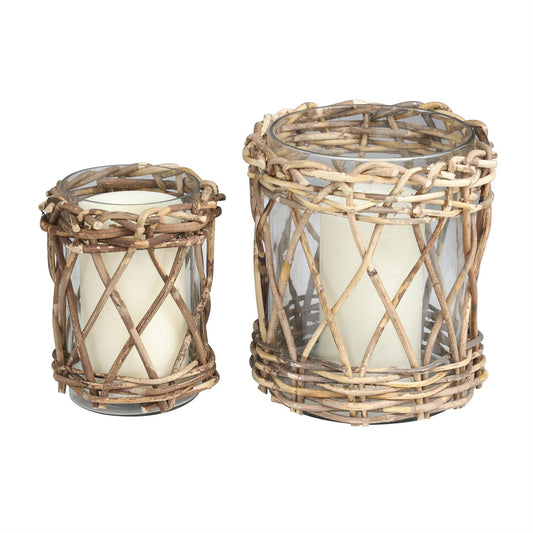 Clear Glass Handmade Candle Holder with Brown Rattan Woven Exterior, Set of 2 10", 8"H Item #: 14282