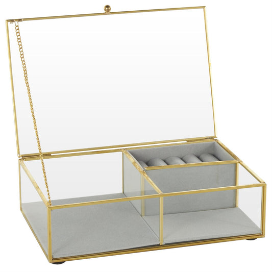 Clear Glass Jewelry Box with Gold Metal Frame and Gray Fabric Interior with Ring Slots, 9" x 6" x 3"