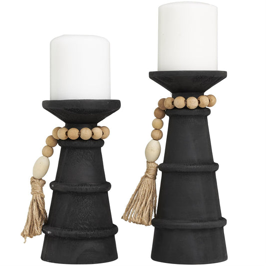 Black Wood Handmade Textured Matte Candle Holder with Beaded Garland Accent, Set of 2 10", 8"H