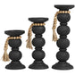 87051 Black Wood Handmade Bubble Inspired Matte Candle Holder with Beaded Garland Accent, Set of 3 15", 12", 9"H