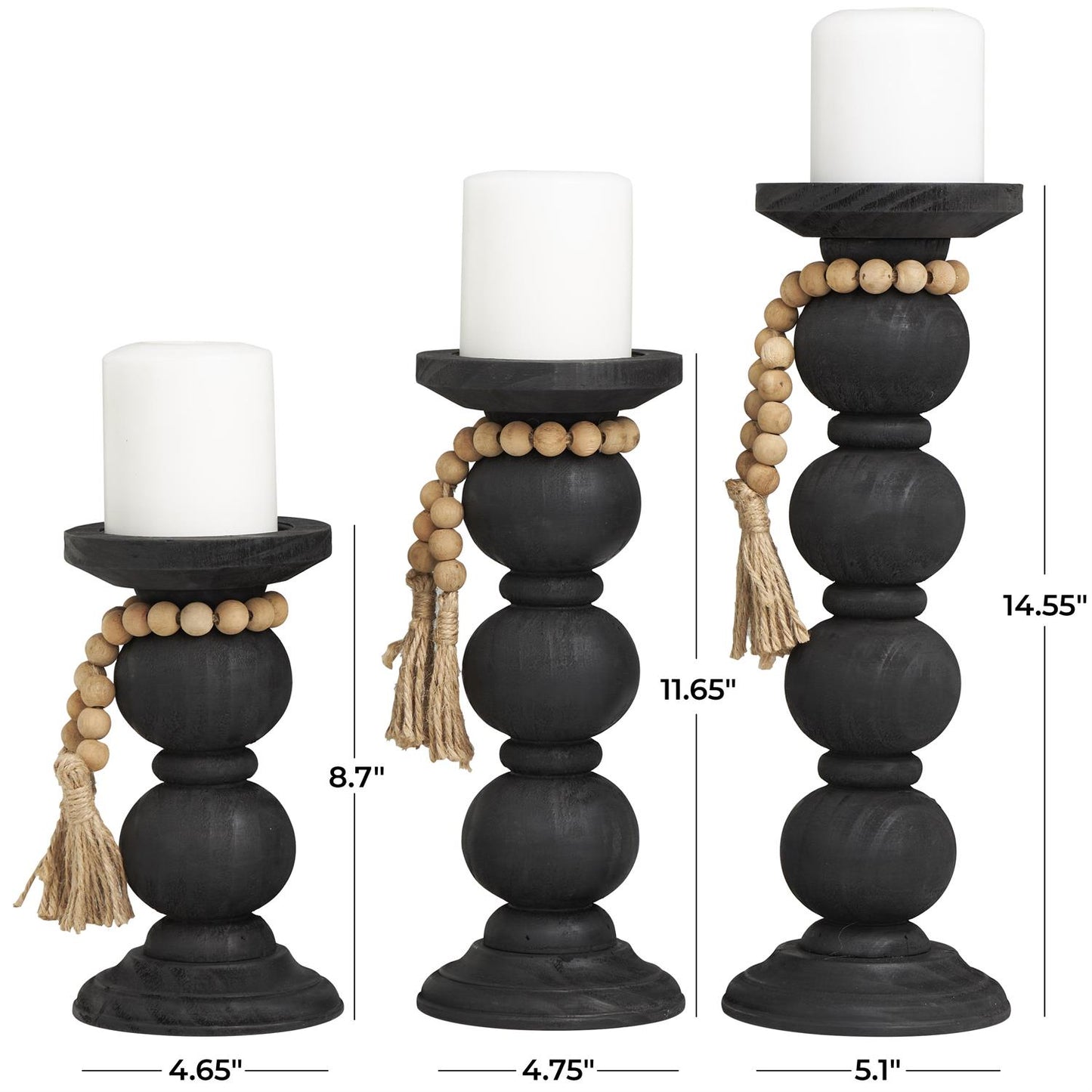 87051 Black Wood Handmade Bubble Inspired Matte Candle Holder with Beaded Garland Accent, Set of 3 15", 12", 9"H