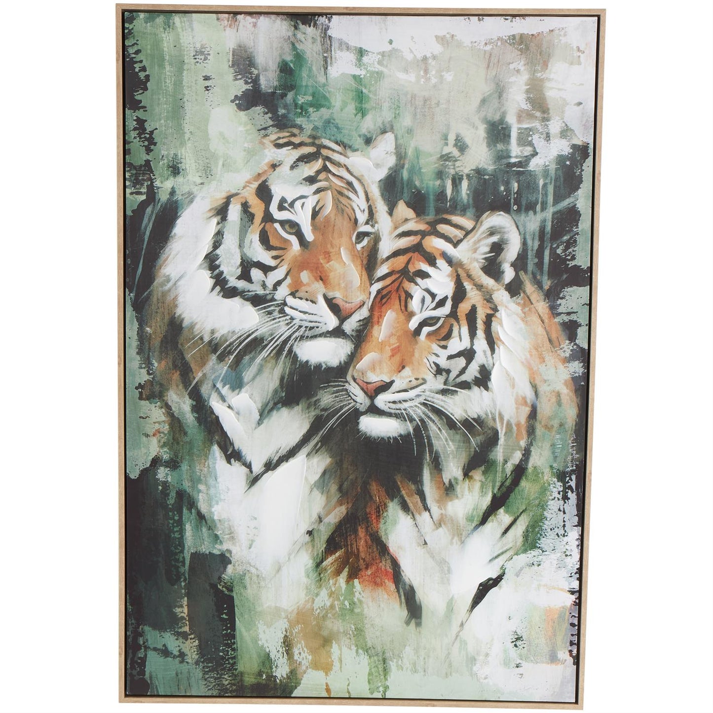 22271 Multi Colored Canvas Tiger Shaded Living Room Framed Wall Art with Green Accents, 33" x 2" x 49"