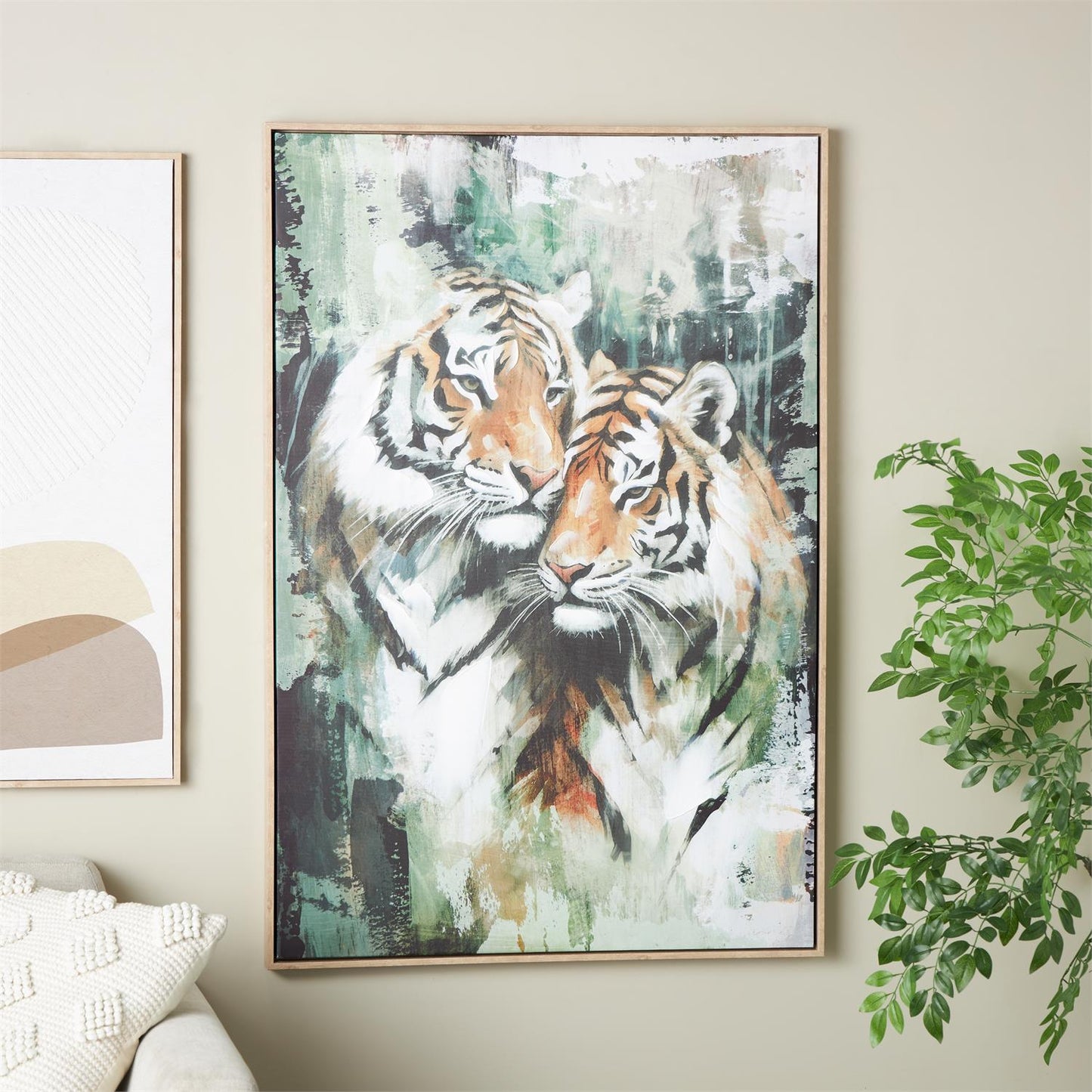 22271 Multi Colored Canvas Tiger Shaded Living Room Framed Wall Art with Green Accents, 33" x 2" x 49"