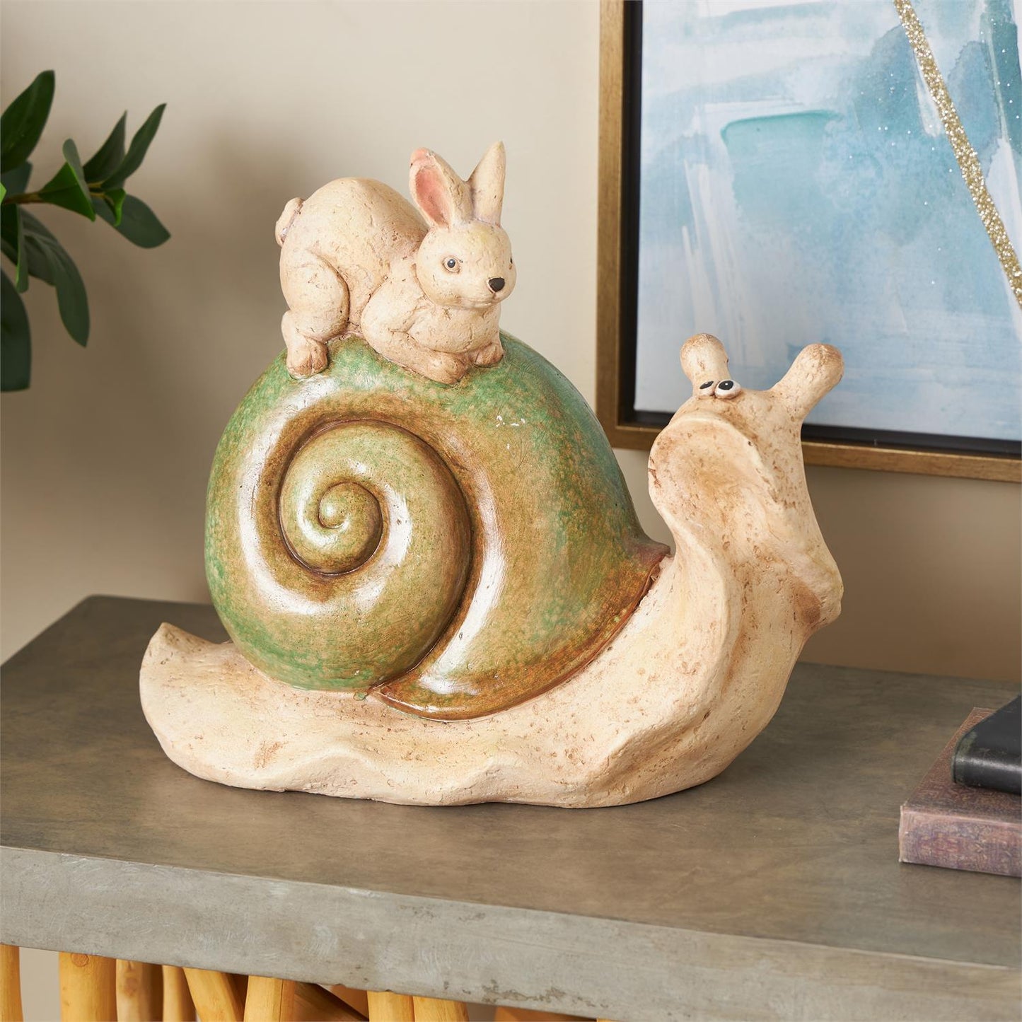 17871 Cream Magnesium Oxide Snail Decorative Garden Sculpture with Rabbit and Green Accents, 13" x 7" x 12"