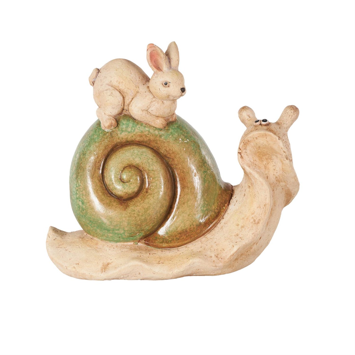 17871 Cream Magnesium Oxide Snail Decorative Garden Sculpture with Rabbit and Green Accents, 13" x 7" x 12"