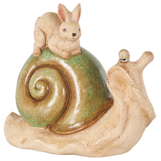 17871 Cream Magnesium Oxide Snail Decorative Garden Sculpture with Rabbit and Green Accents, 13" x 7" x 12"