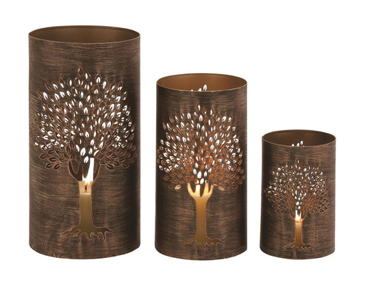 Copper Metal Tree Decorative Candle Lantern, Set of 3 12", 9", 6"H