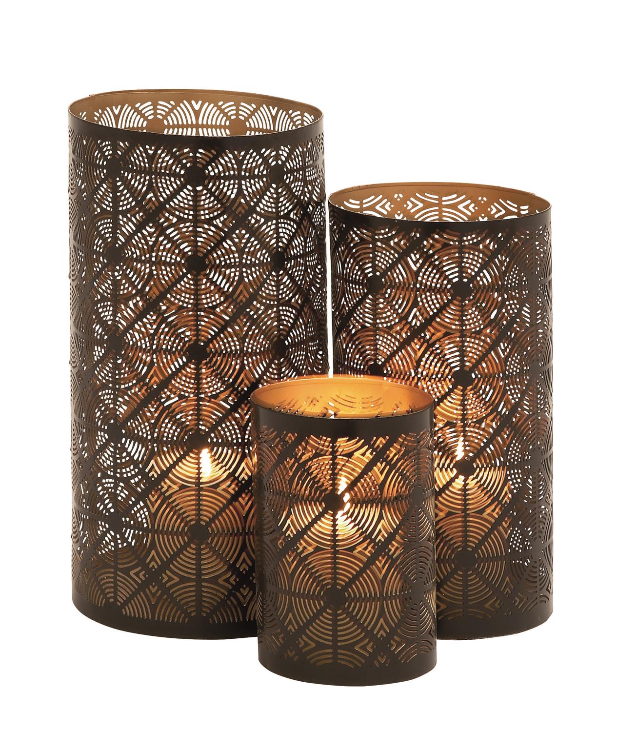 18122 Dark Brown Metal Geometric Decorative Candle Lantern, Set of 3 12", 10", 6"H