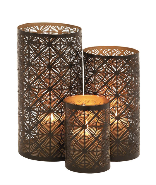 Dark Brown Metal Geometric Decorative Candle Lantern, Set of 3 12", 10", 6"H