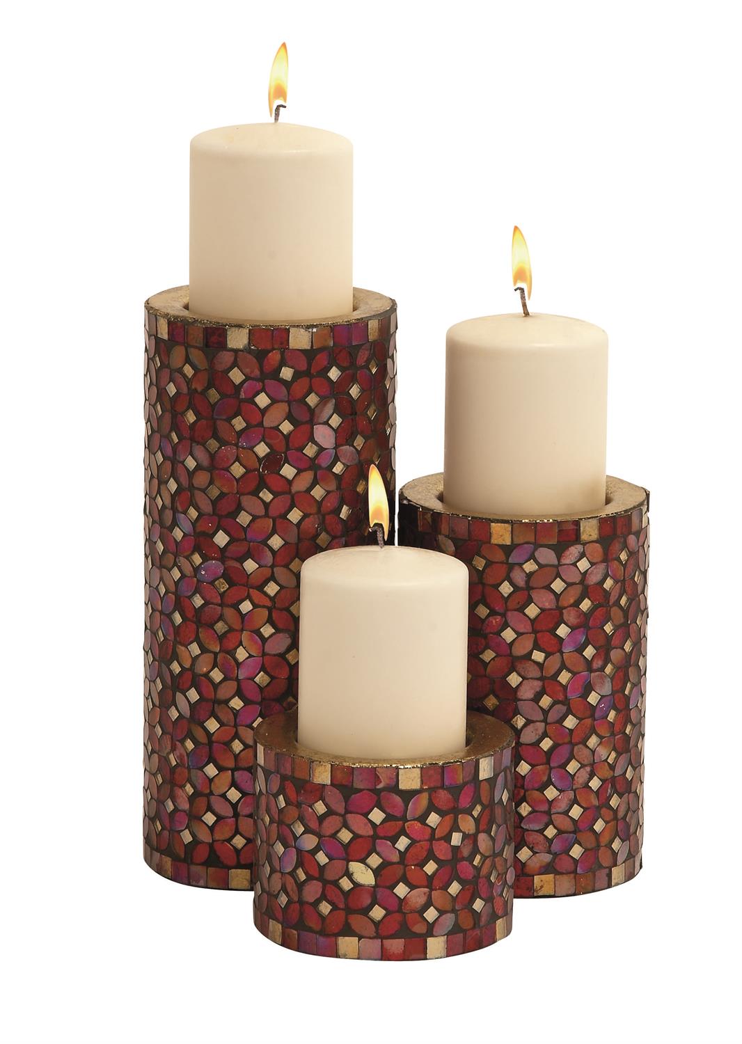 69832 Red Metal Handmade Pillar Candle Holder with Mosaic Pattern, Set of 3 11", 7", 4"H