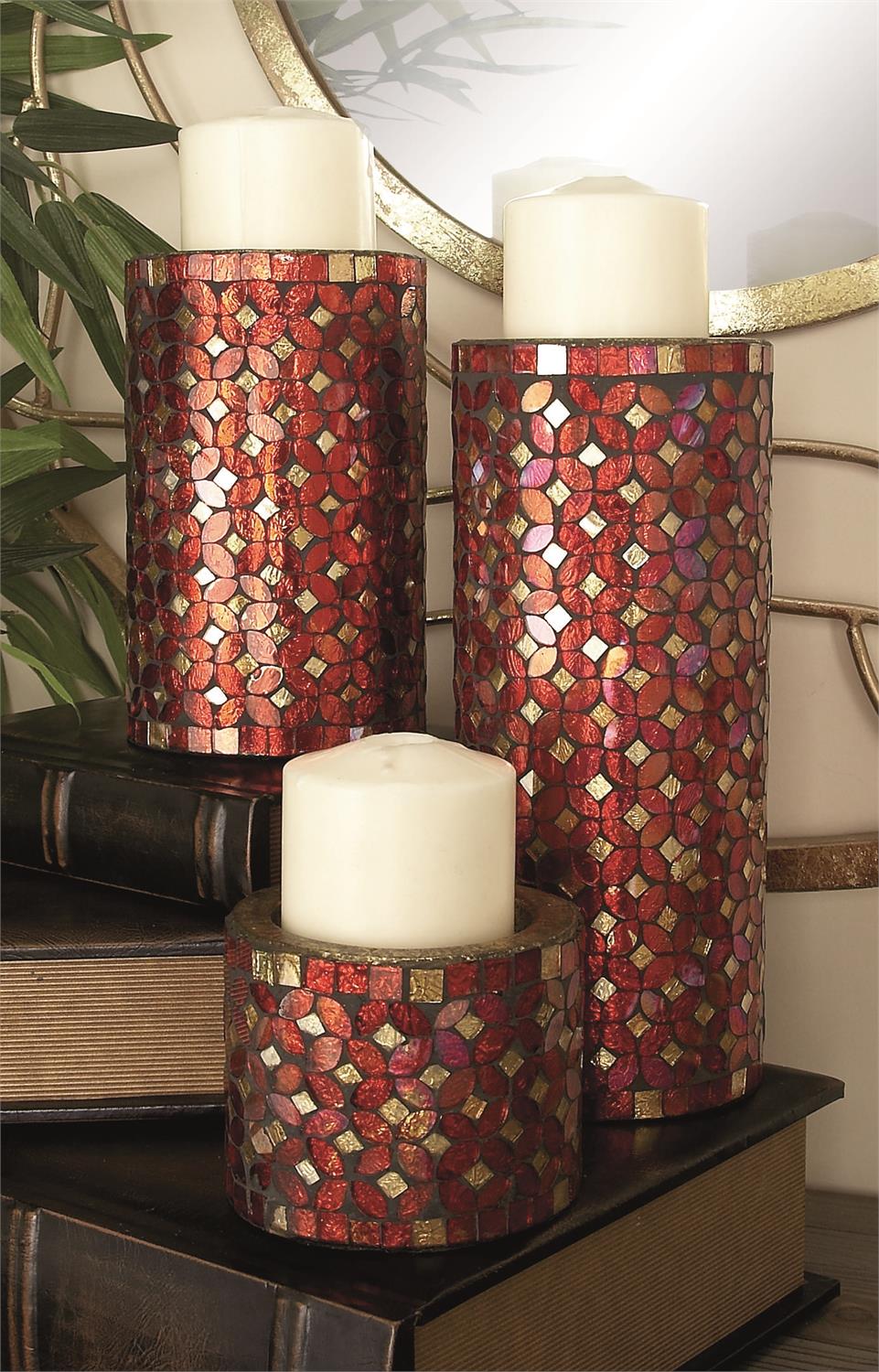 69832 Red Metal Handmade Pillar Candle Holder with Mosaic Pattern, Set of 3 11", 7", 4"H