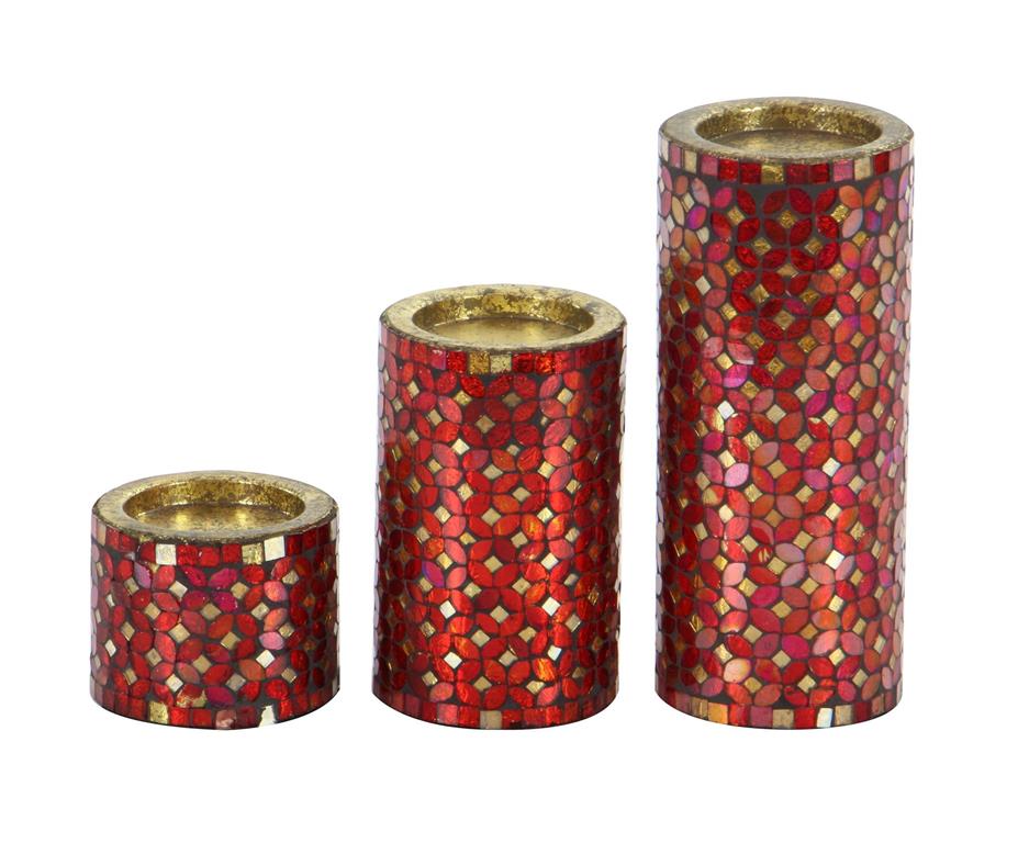 69832 Red Metal Handmade Pillar Candle Holder with Mosaic Pattern, Set of 3 11", 7", 4"H