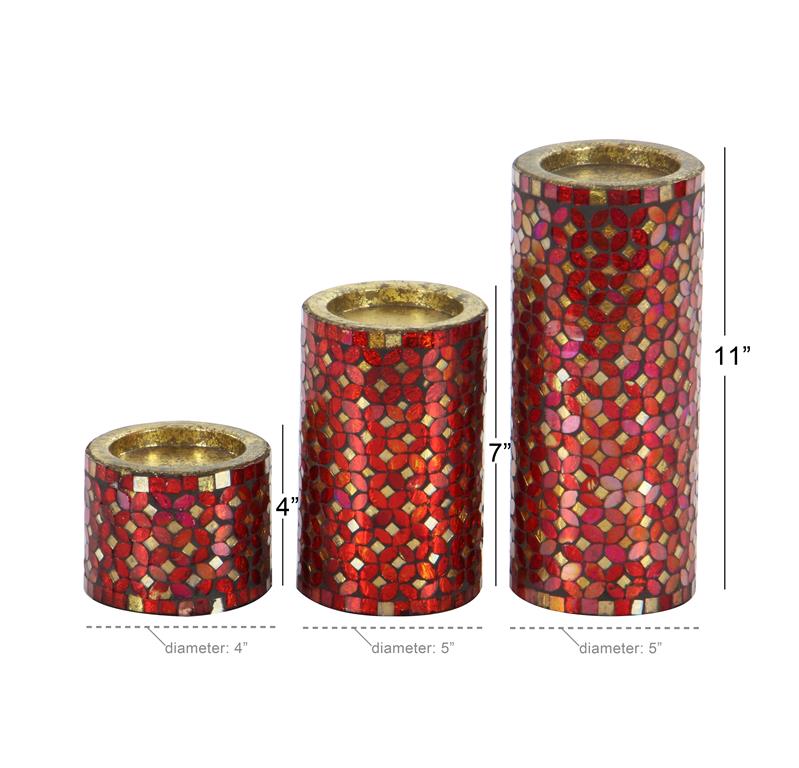 69832 Red Metal Handmade Pillar Candle Holder with Mosaic Pattern, Set of 3 11", 7", 4"H