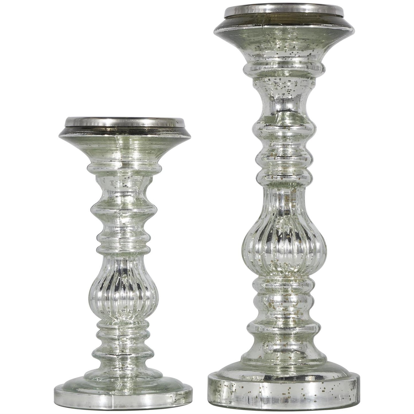 14642 Silver Metal Handmade Turned Style Pillar Candle Holder, Set of 2 9", 12"H