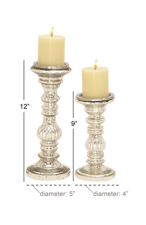 14642 Silver Metal Handmade Turned Style Pillar Candle Holder, Set of 2 9", 12"H