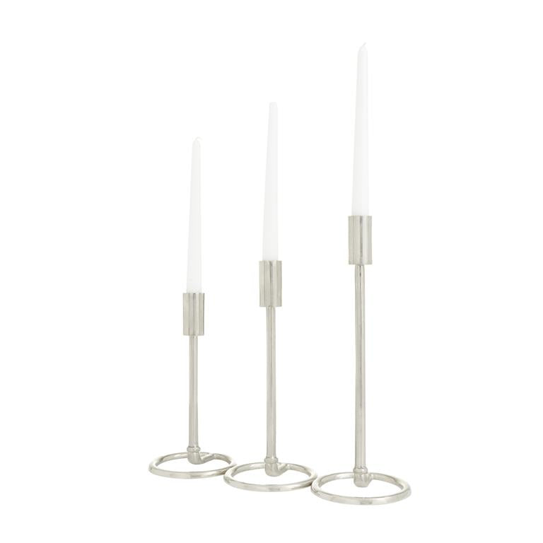 78972 Silver Aluminum Metal Tapered Candle Holder with Ring Bases, Set of 3 14", 12", 10"H