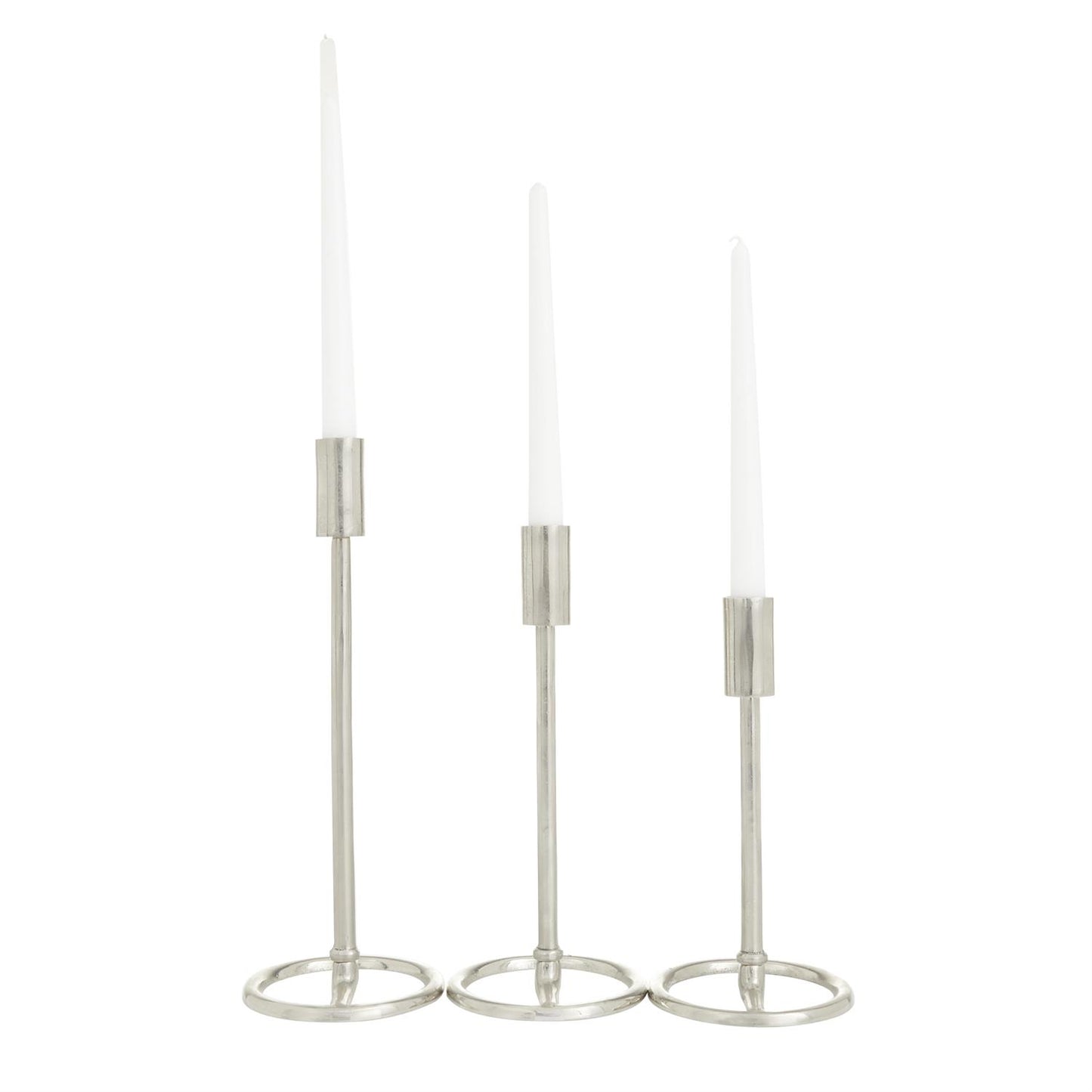 78972 Silver Aluminum Metal Tapered Candle Holder with Ring Bases, Set of 3 14", 12", 10"H