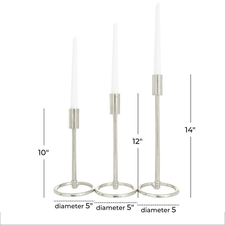 78972 Silver Aluminum Metal Tapered Candle Holder with Ring Bases, Set of 3 14", 12", 10"H