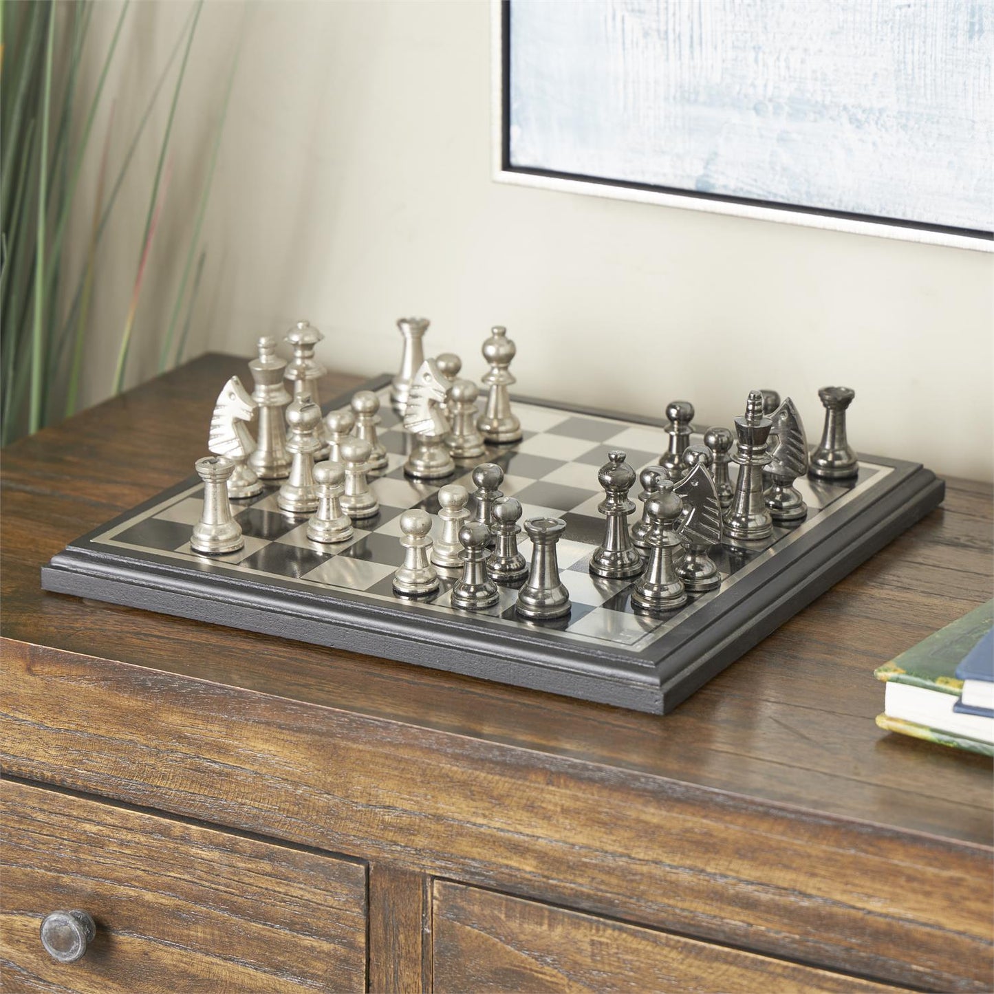 Black Aluminum Metal Chess Game Set with Black and Silver Pieces, 12" x 12" x 1"