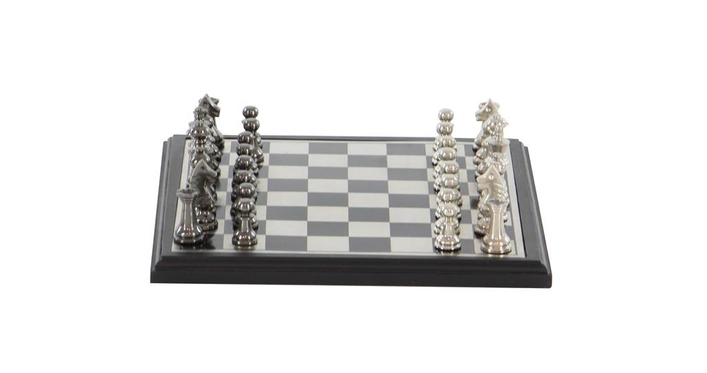 Black Aluminum Metal Chess Game Set with Black and Silver Pieces, 12" x 12" x 1"