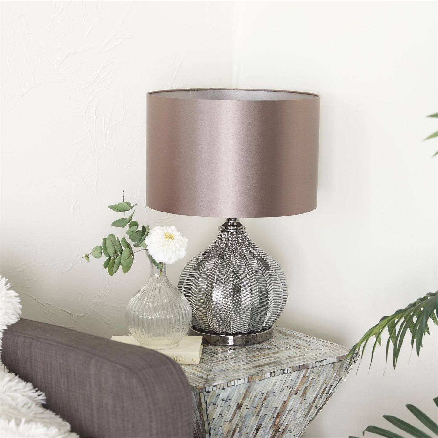 94692 Silver Polyester Table Lamp with Drum Shade, 17" x 14" x 20"