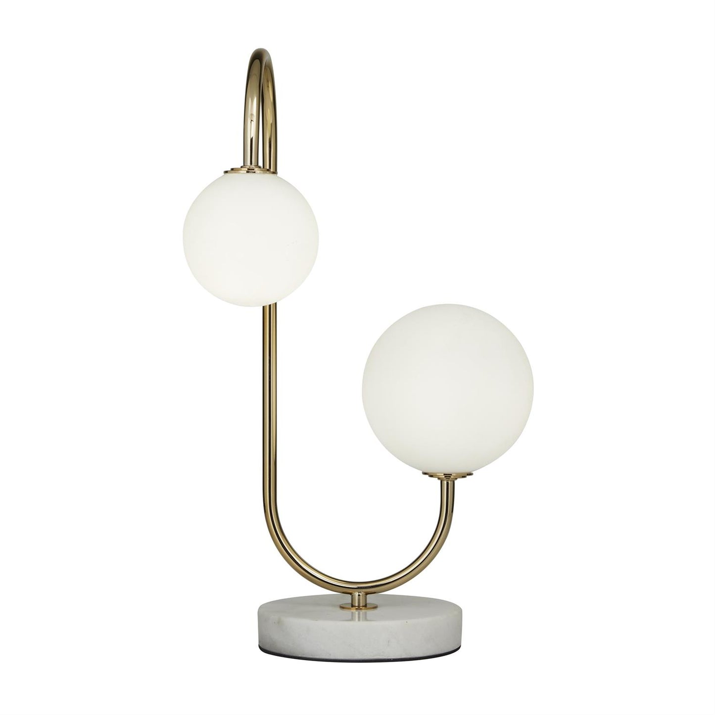 09692 Gold Metal Curved Orb 2 Light Room Table Lamp with White Glass Shades and Marble Base, 10" x 11" x 18"