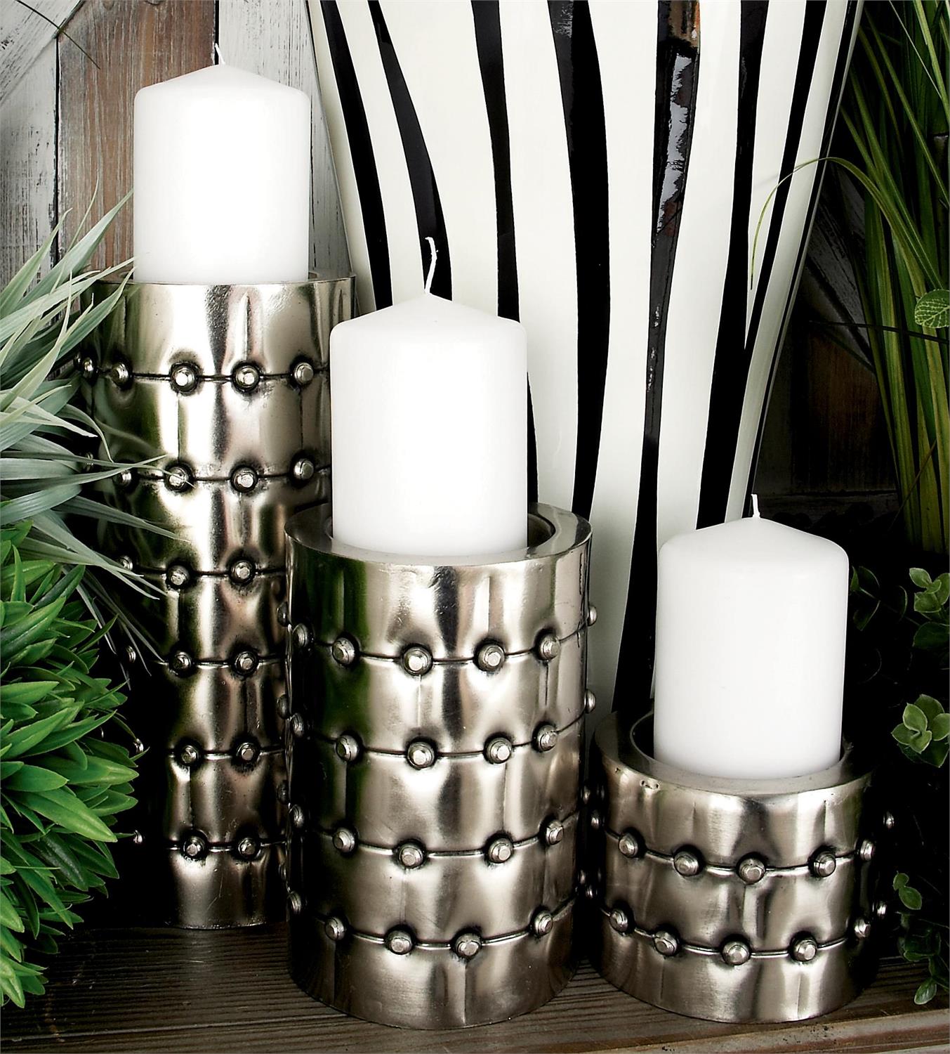 33243 Silver Metal Handmade Pillar Candle Holder with Studs, Set of 3 4", 11", 7"H