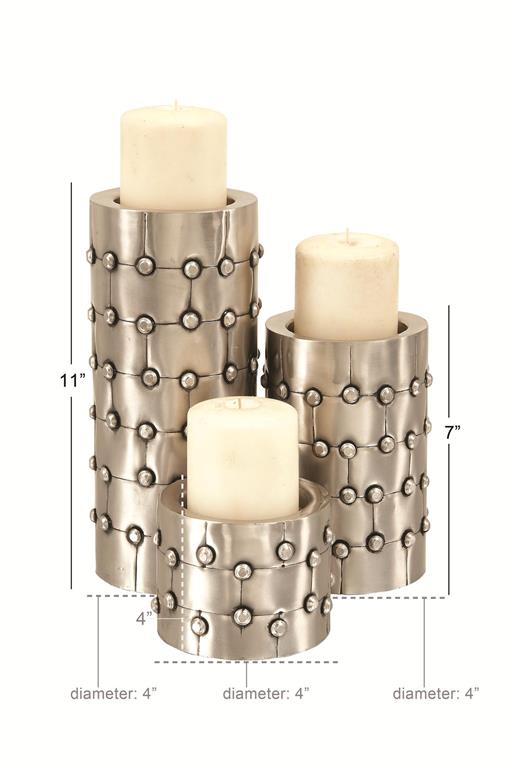 33243 Silver Metal Handmade Pillar Candle Holder with Studs, Set of 3 4", 11", 7"H