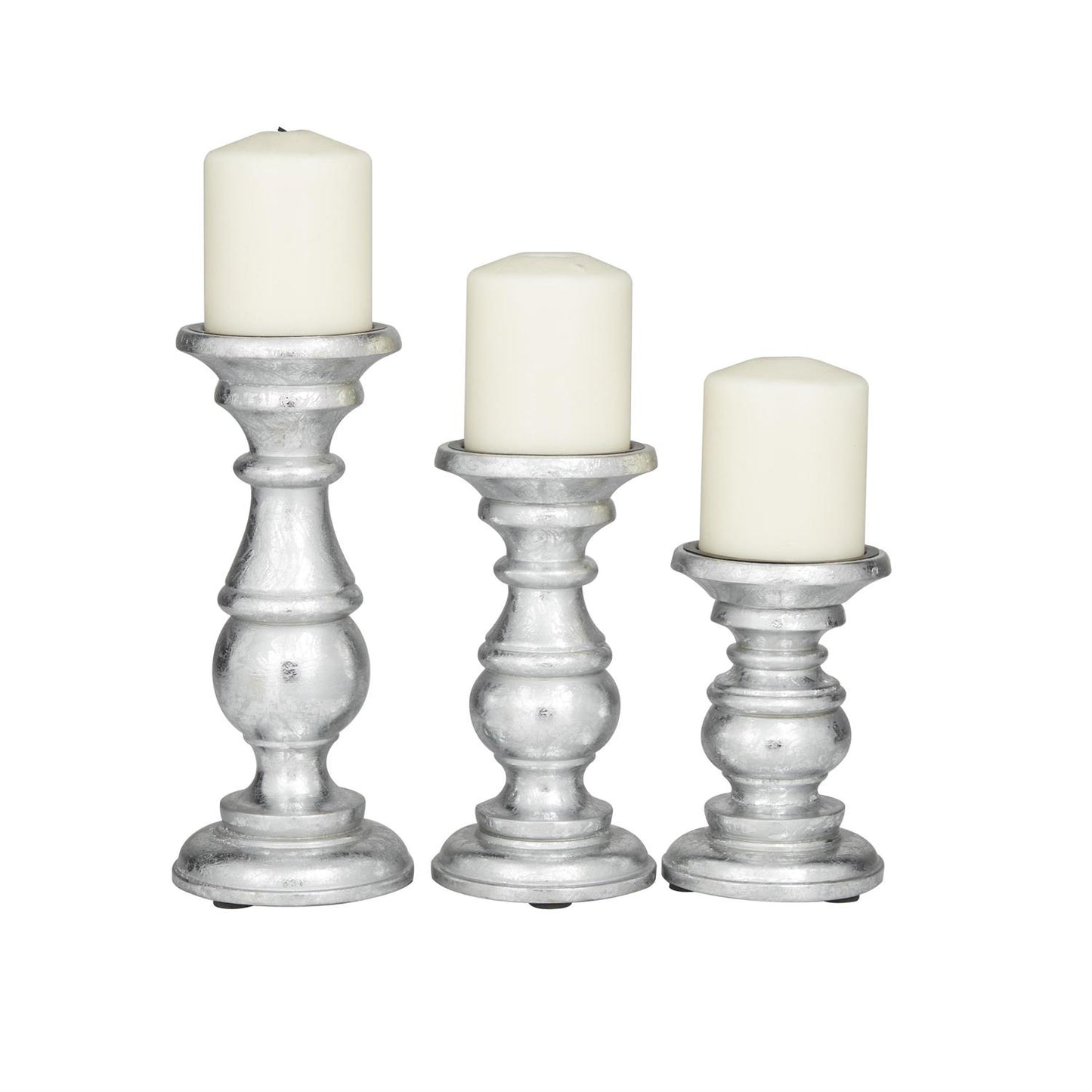 05064 Silver Mango Wood Turned Style Pillar Candle Holder, Set of 3 10", 8", 6"H