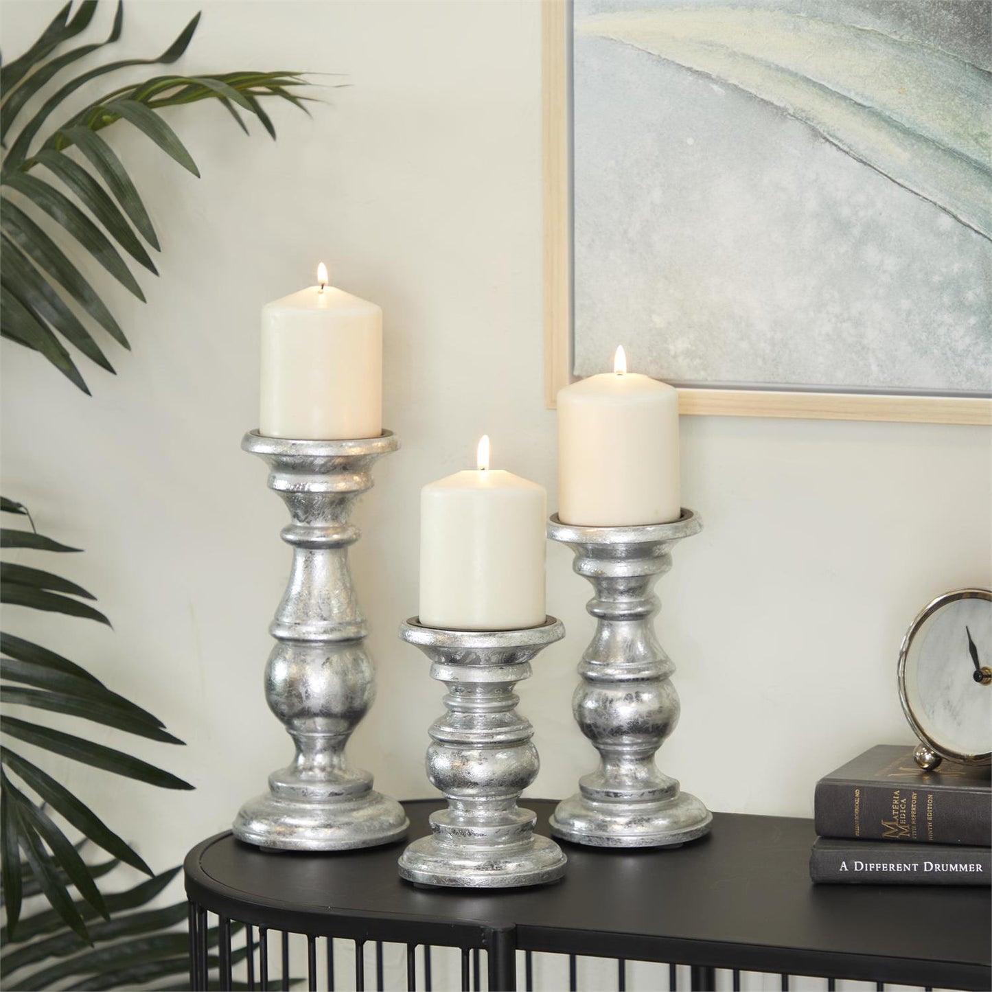 05064 Silver Mango Wood Turned Style Pillar Candle Holder, Set of 3 10", 8", 6"H