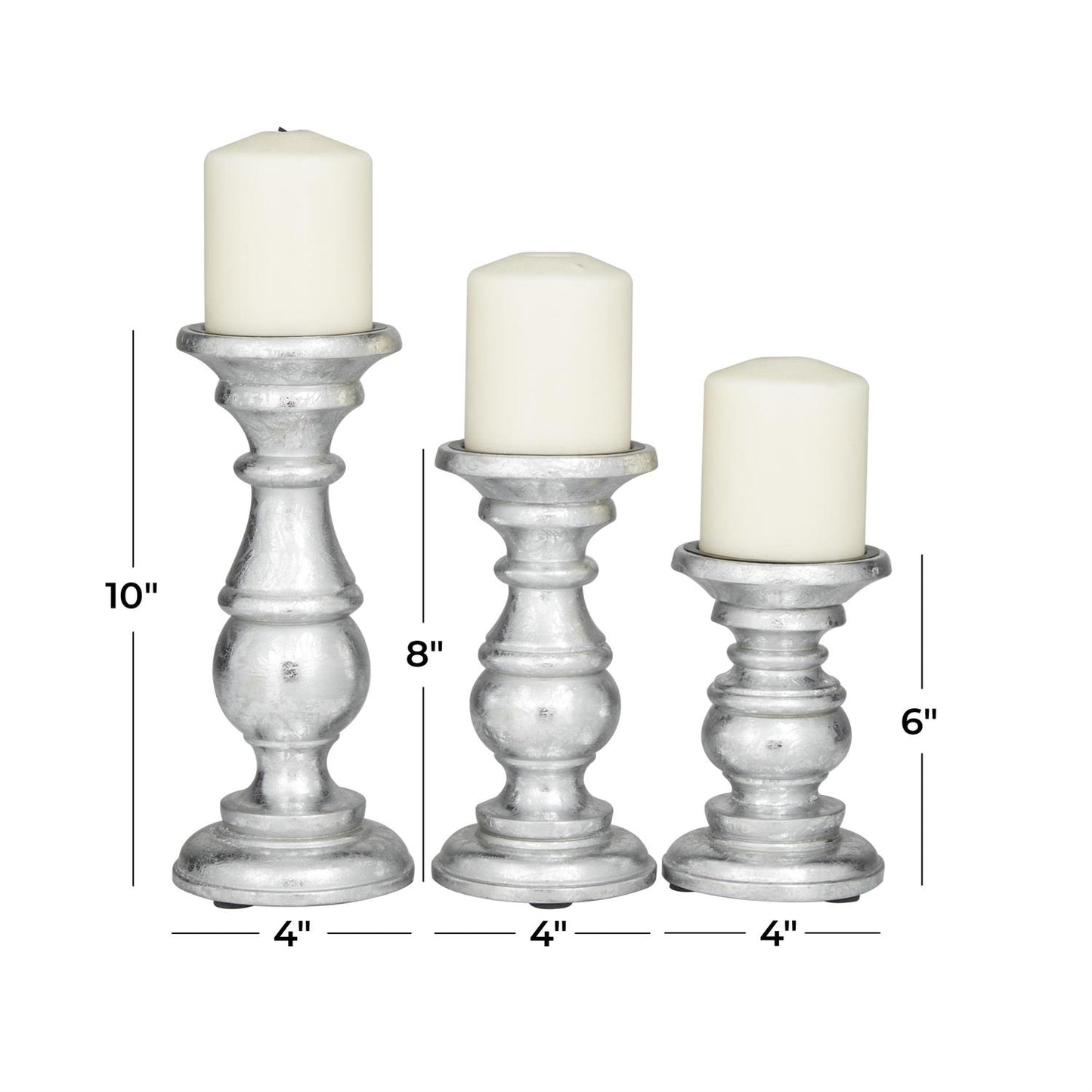 05064 Silver Mango Wood Turned Style Pillar Candle Holder, Set of 3 10", 8", 6"H