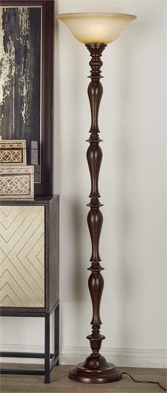 53674 Brown Polystone Antique Style Turned Torchiere with Cream Glass Shade, 16" x 16" x 72"