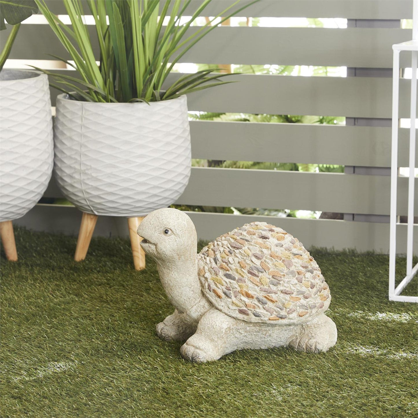 03966 White Polystone Turtle Indoor Outdoor Decorative Garden Sculpture with Stone Mosaic Design, 14" x 11" x 10"