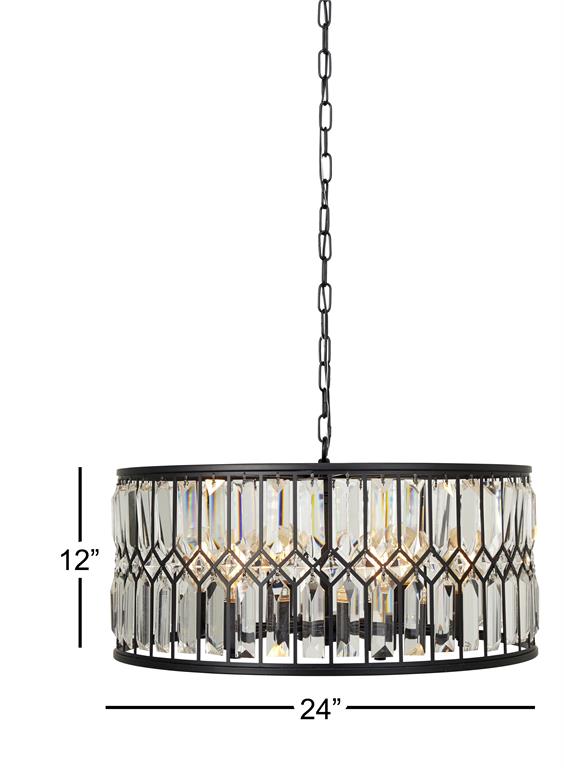 83007 Black Metal Crystal Embellished 6 Light Chandelier with Link Chain, 24" x 24" x 13"