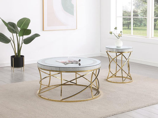 863017 Esile Round Mirror Top Stainless Steel Coffee Table Set Gold