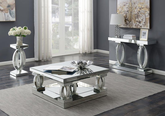 815227 Ailama Square Mirrored Acrylic Crystal Coffee Table Set Silver