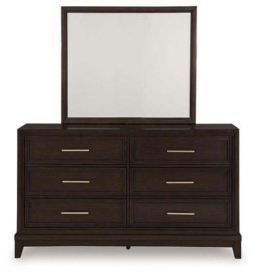 Neymorton Queen Upholstered Panel Bed with Mirrored Dresser and Nightstand