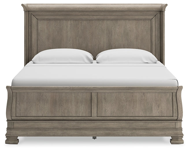 Lexorne California King Sleigh Bed with Mirrored Dresser and Nightstand